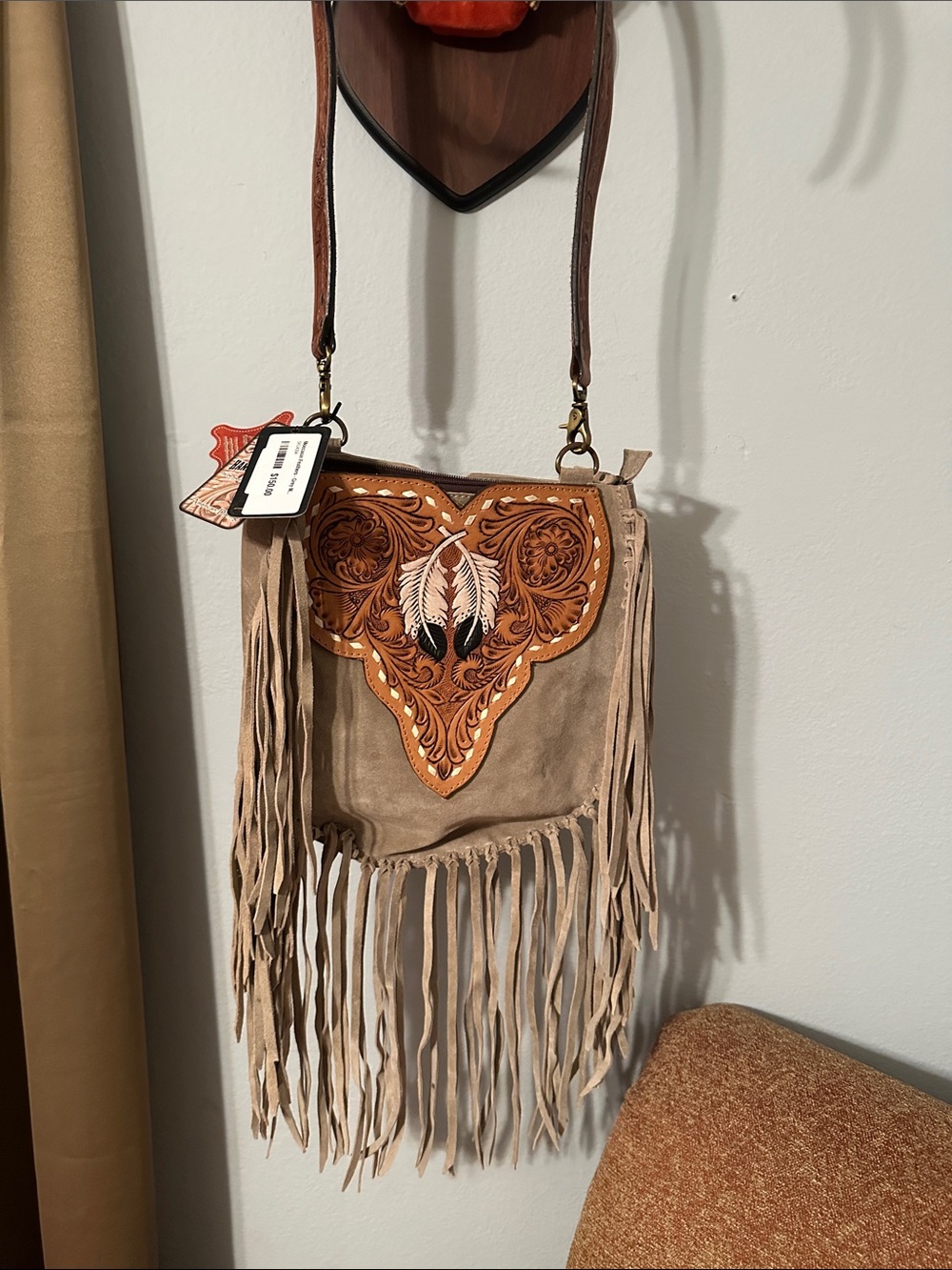 American Darling Tan Suede Fringe Crossbody with Tooled Leather Detail